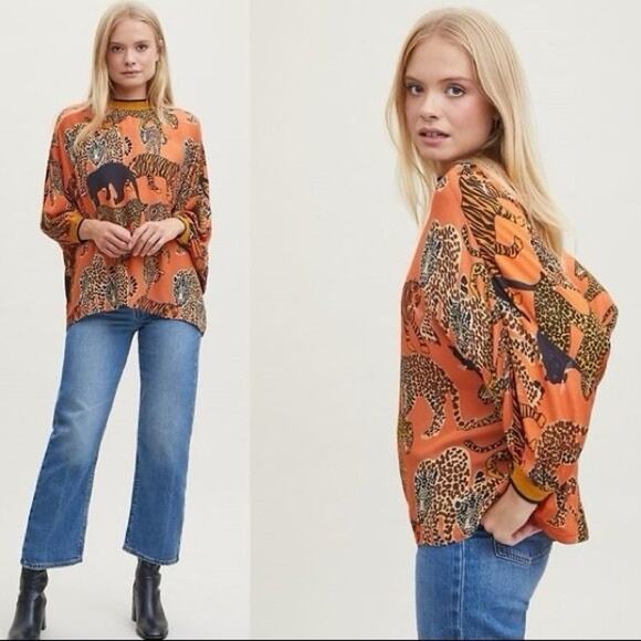 Anthropologie Conditions Apply Orange Wild Cat Leopard Print Blouse XS - Picture 1 of 3